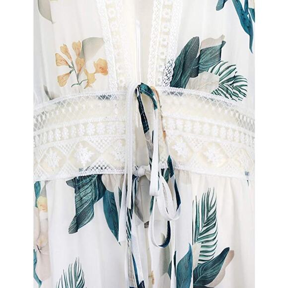 🎀Chiffon Floral Pattern Lace Trim Detail Cover Up Longline Beachwear | Size XL - Picture 6 of 7